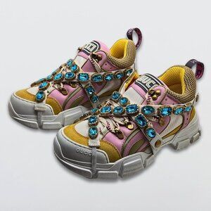 Gucci Journey Flashtrek Crystal Sneakers Jewel Chunky Sole Pink/Yellow/White
